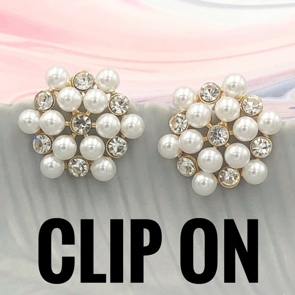 Pearl Rhinestone Cluster Clip On Earrings - Picture 1 of 4